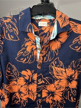 Navy Blue Short-Sleeve Floral Dress Shirt with Orange Print